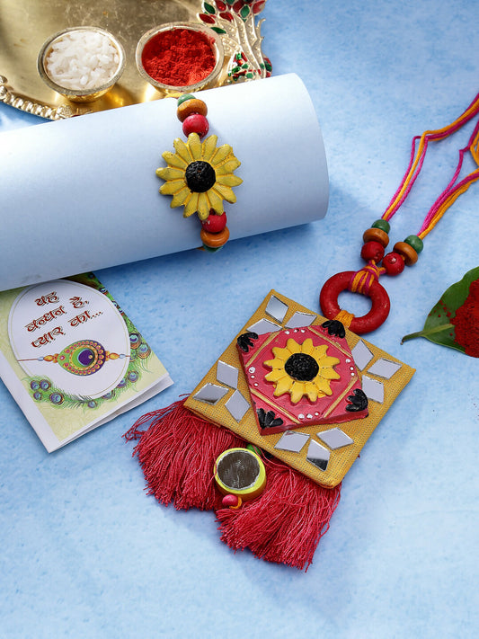 NVR Women & Men Set of 2 Red & Yellow Mirror Work Handcrafted Bhaiya Bhabi Rakhi With Roli Chawal | Swadesiicart