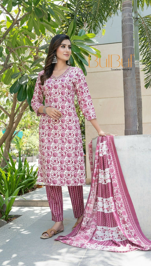 BulBul Fashionista Wine Cotton Kurta Set with Dupatta - Swadesiicart