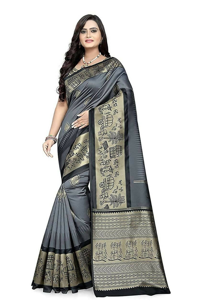 DEIANA'S Beautiful Designer Golden zari Soft Lichi Silk Saree - Grey - Swadesiicart