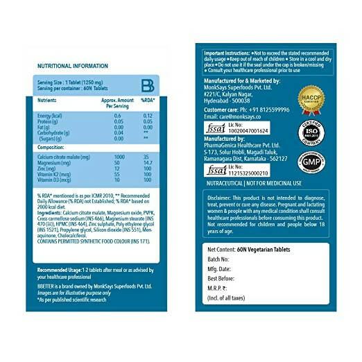 BBETTER Calcium Magnesium Zinc Tablets with Vitamin D3 & K2 - Swadesiicart