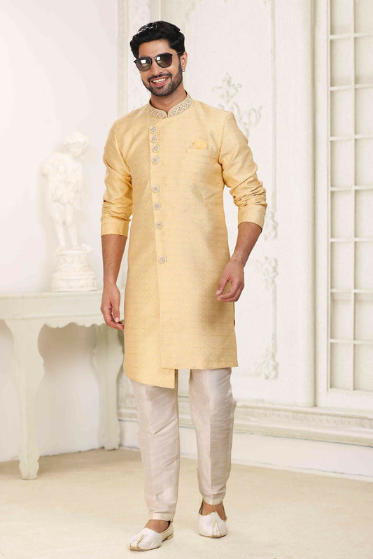Raivat Ethnic Banarasi Jacquard Embroidery Semi Indo Western Sherwani In Yellow Colour | Swadesiicart