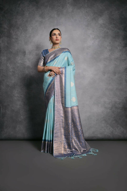 Vishnu Weaves Women's Firozi Tussar Silk Zari Woven Saree with Blouse - Swadesiicart
