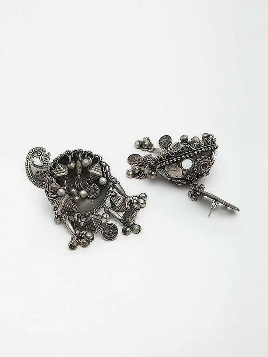 Peacock Shaped Tribal Design Oxidised Silver Plated Chandelier Jhumkas (VMC-PCK2) By House of Ree | Swadesiicart