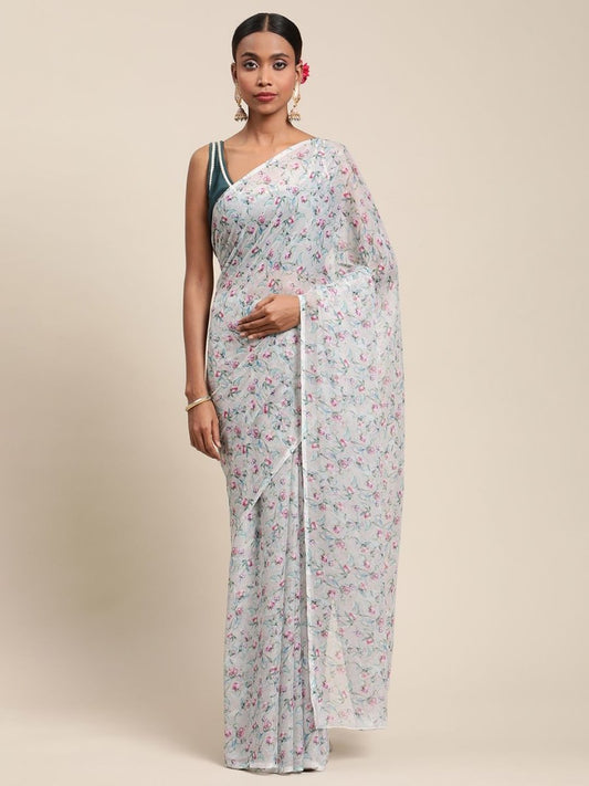 Ahalyaa Women's Grey Chiffon Digital Print Floral Saree | Swadesiicart