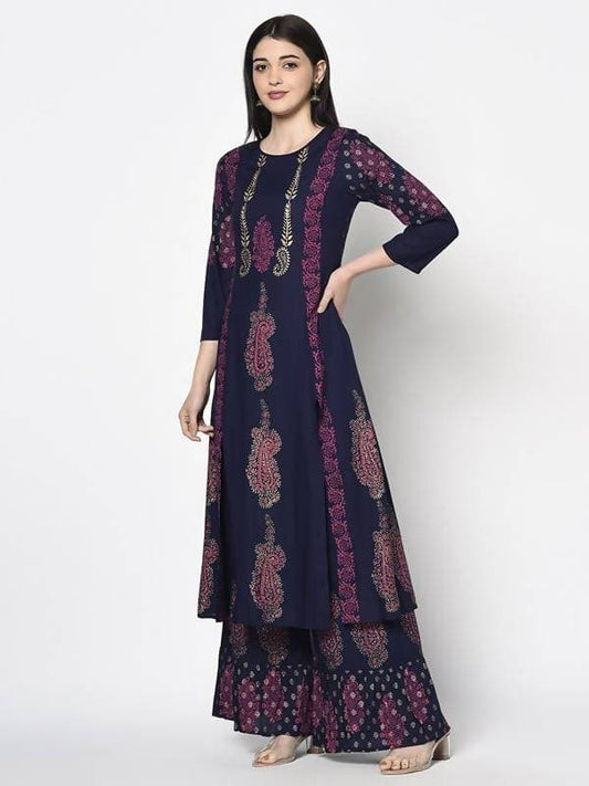 Aniyah Rayon Navy Blue Color Block Print A-line Flared Long Kurta With Two Front Slits (AN-215K) - Swadesiicart