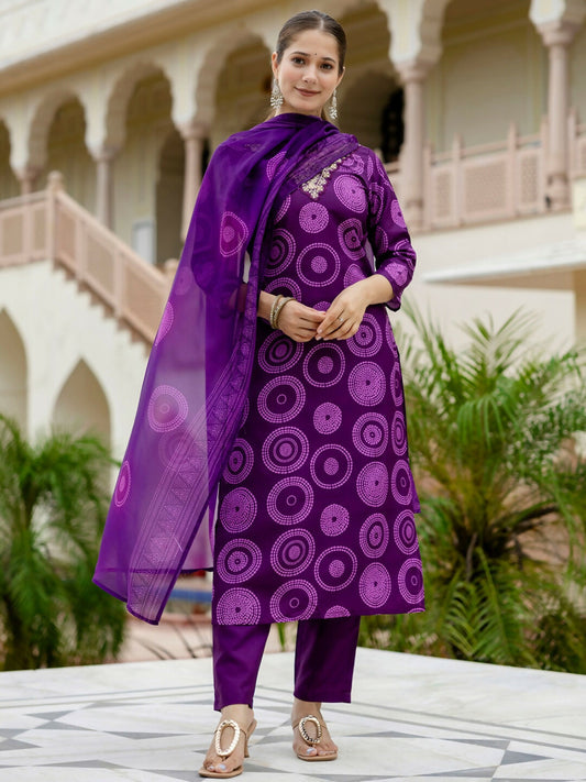 The52 Purple Women's Gorgeous Rayon Embroidered Straight Kurta with Pant And Dupatta Set - Swadesiicart