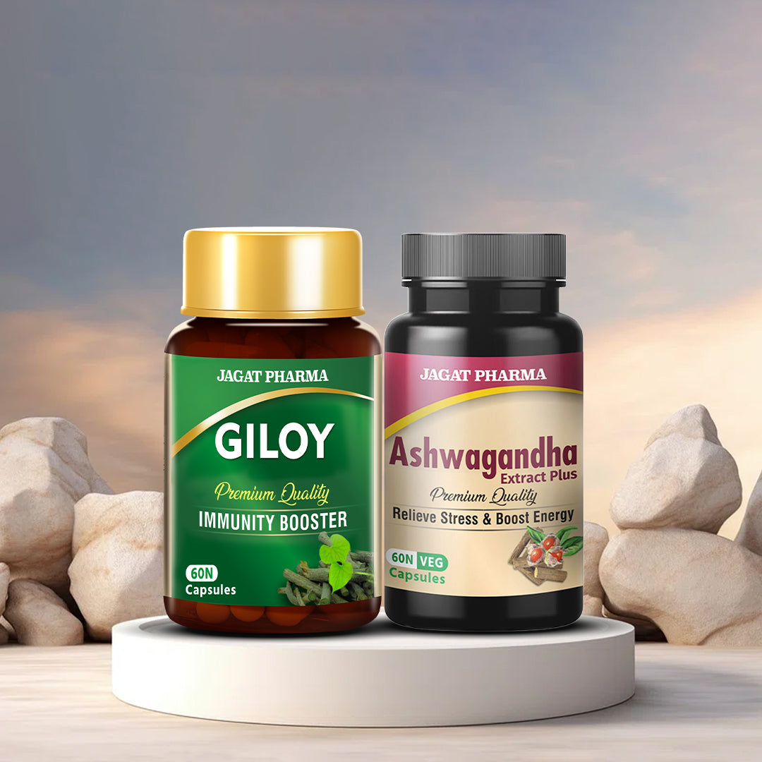 Jagat Pharma Giloy + Ashwagandha Capsules Immunity Builder & Stress Reliever Combo | Swadesiicart
