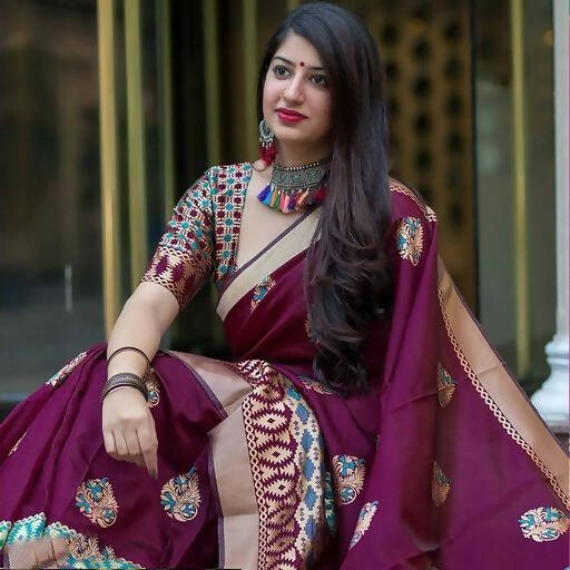 DEIANA'S Beautiful Designer Golden zari Soft Lichi Silk Saree - Wine - Swadesiicart