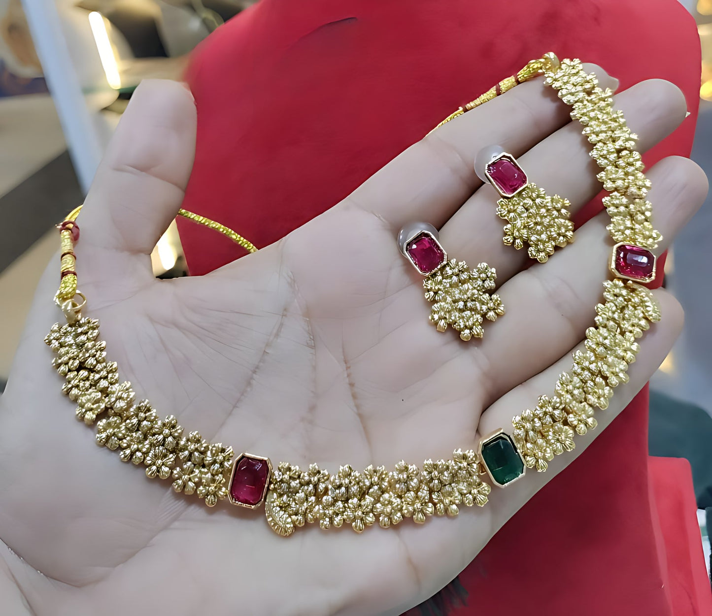Jewel City Designer Gold Floral Necklace Set with Ruby Green Stones Elegant Matt Gold Finish Jewelry Set for Women | Swadesiicart