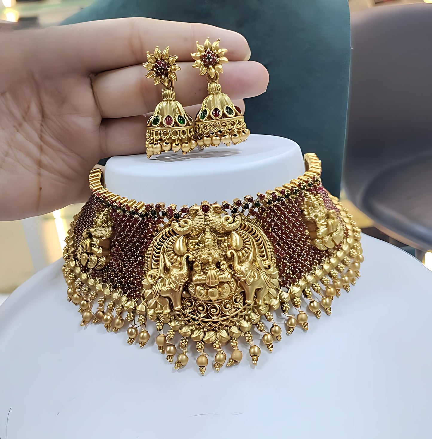 Jewel City Antique Gold Temple Lakshmi Choker Set with Ruby & Emerald Stones | Traditional Bridal Kemp Jewelry Set | Swadesiicart