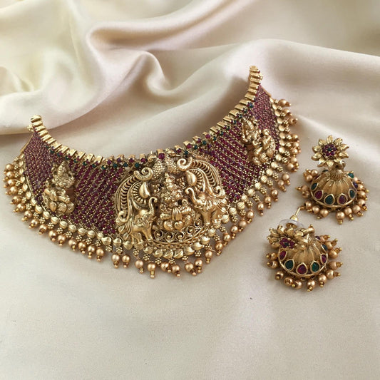 Jewel City Antique Gold Temple Lakshmi Choker Set with Ruby & Emerald Stones | Traditional Bridal Kemp Jewelry Set | Swadesiicart
