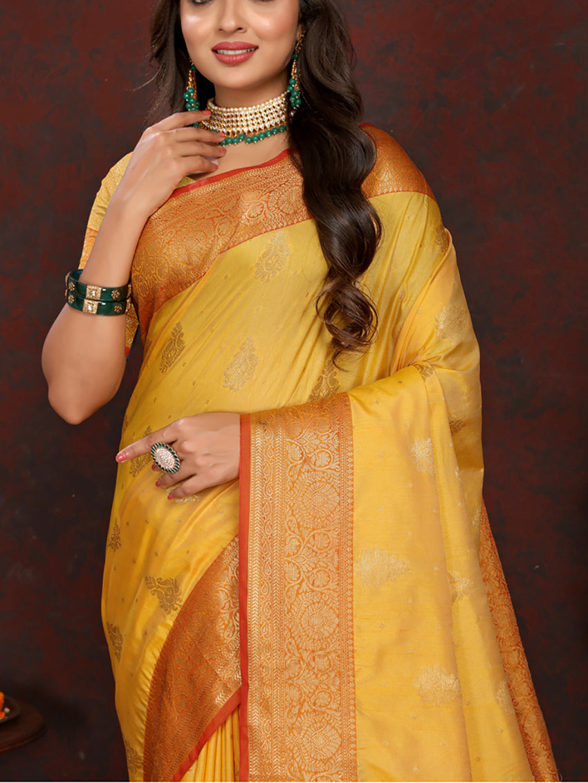 Lorenvalley Fashion Gold Soft Katan Silk Woven Design Zari Weaving Pallu Saree - Swadesiicart