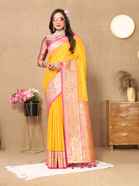 Lorenvalley Fashion Gold Soft Silk weaving Design Rich Zari Weaving Saree - Swadesiicart