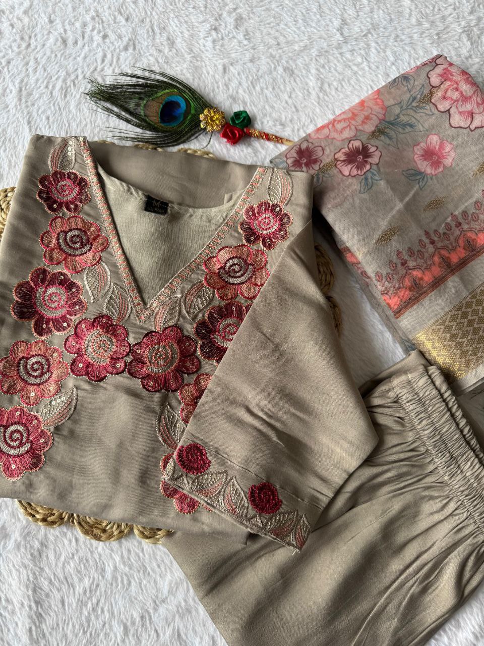 Lorenvalley Fashion Grey Roman Silk Embroidery Multi with Sequence Work Kurta Pant with Dupatta - Swadesiicart