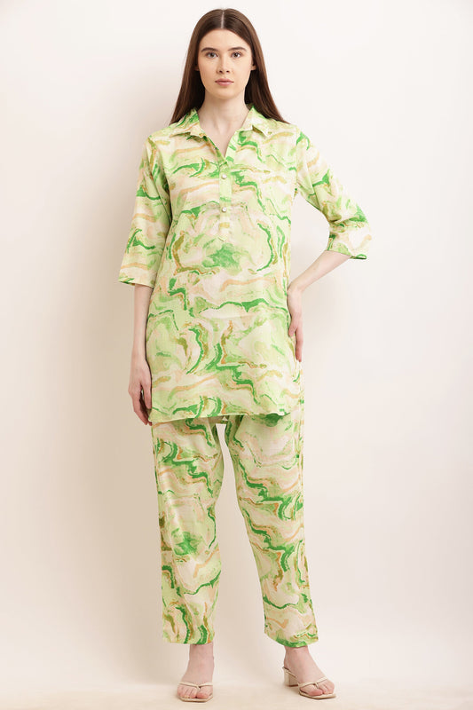 PAVONINE Green Color Ted-Dye Printed Cord Set For Women - Swadesiicart