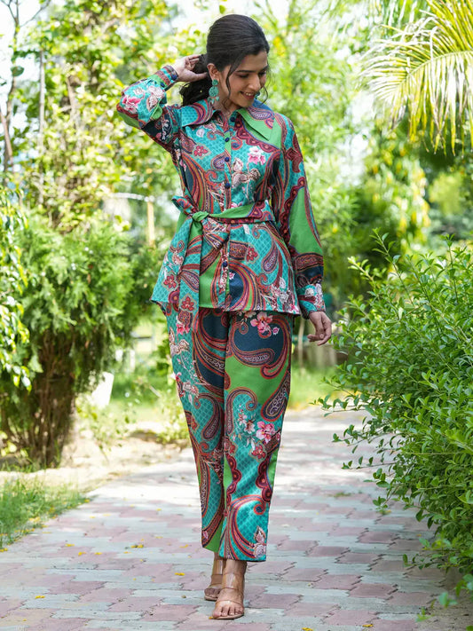 Yufta Green and Turquoise Blue Printed Satin Co-Ords - Swadesiicart
