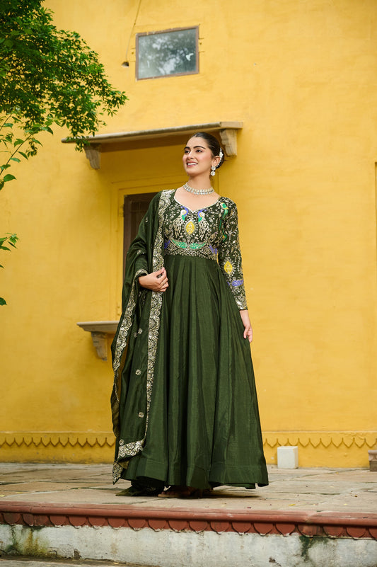 Lorenvalley Fashion Green Vichitra Silk with Multi Thread & Embroidered work Anarkali Gown with Dupatta - Swadesiicart