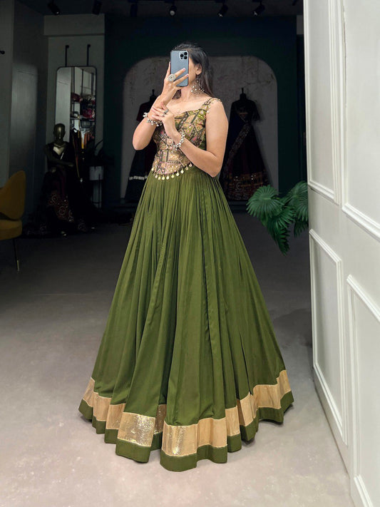 Lorenvalley Pure Rayon Green Plain With Embossed Design Lace Touch Up Lehenga Choli | Swadesiicart