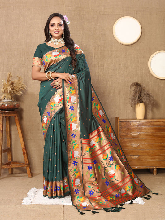 Lorenvalley Fashion Green Soft Paithani Silk Woven Design Rich Zari Meenakari Weaving Saree - Swadesiicart