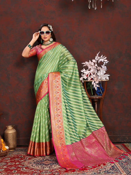 Lorenvalley Fashion Green Organza Silk Woven Design with Rich Meenakari Weaving Pallu Saree - Swadesiicart