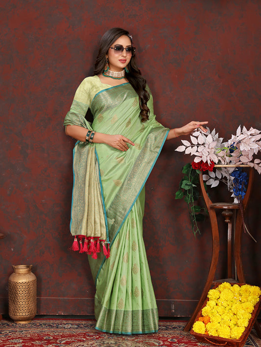 Lorenvalley Fashion Green Soft Katan Silk Woven Design Zari Weaving Pallu Saree - Swadesiicart