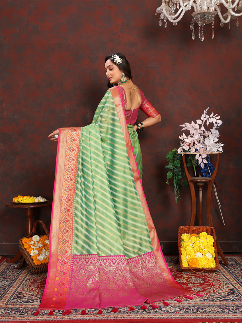Lorenvalley Fashion Green Organza Silk Woven Design with Rich Meenakari Weaving Pallu Saree - Swadesiicart