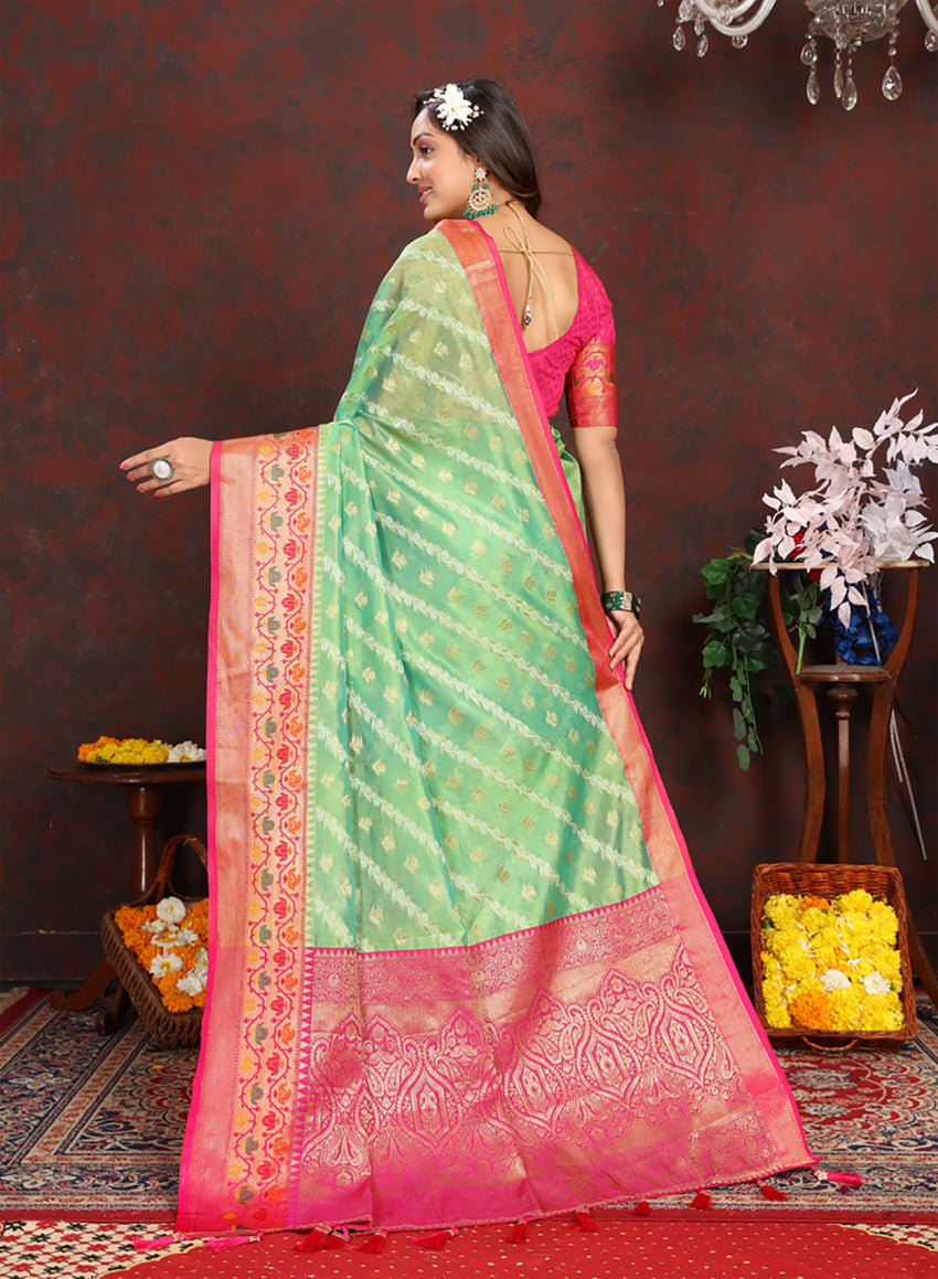 Lorenvalley Fashion Green Organza Silk Woven Design with Rich Meenakari Weaving Pallu Saree - Swadesiicart
