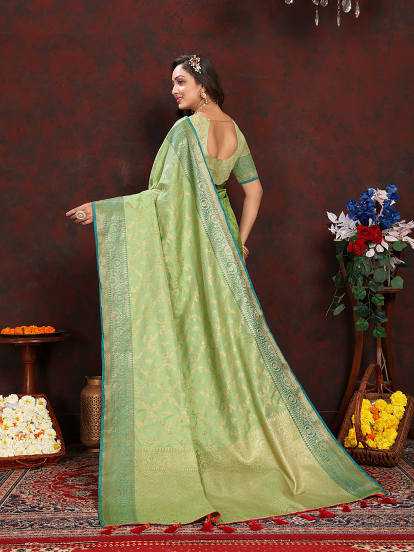 Lorenvalley Fashion Green Soft Katan Silk Woven Design Zari Weaving Pallu Saree - Swadesiicart