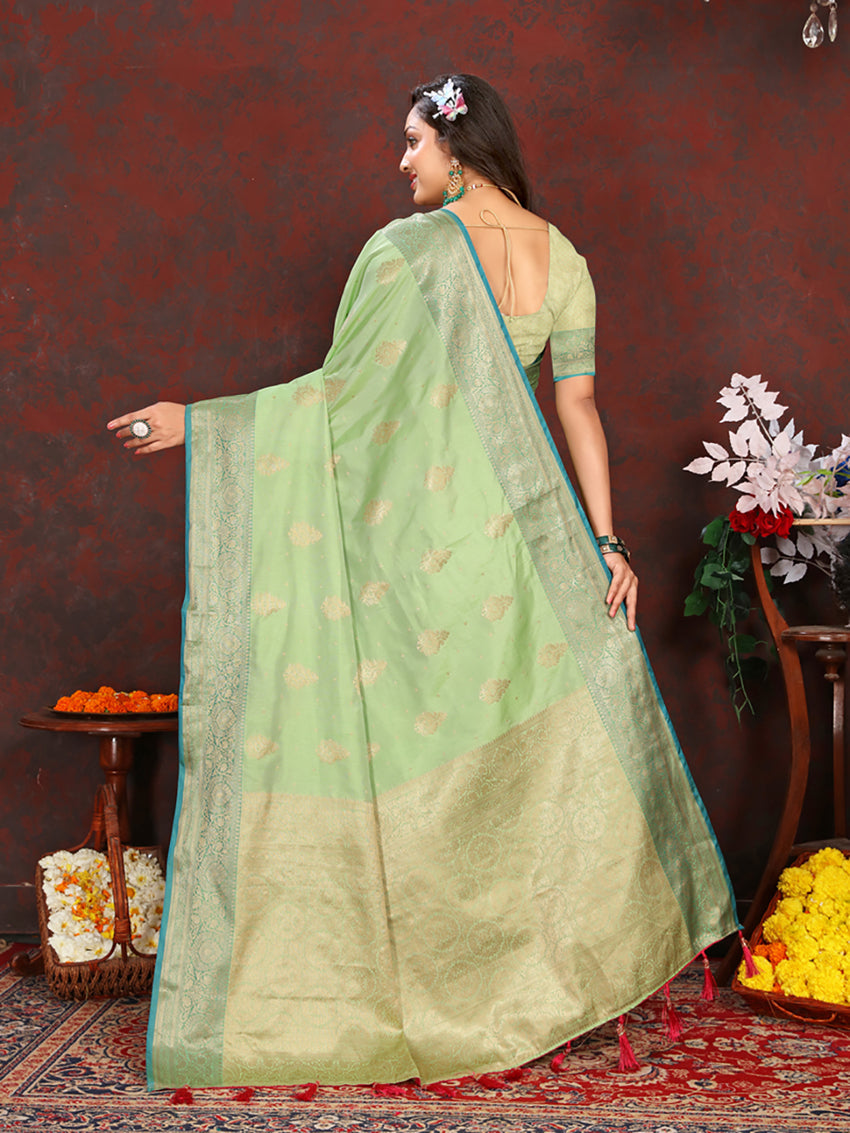 Lorenvalley Fashion Green Soft Katan Silk Woven Design Zari Weaving Pallu Saree - Swadesiicart