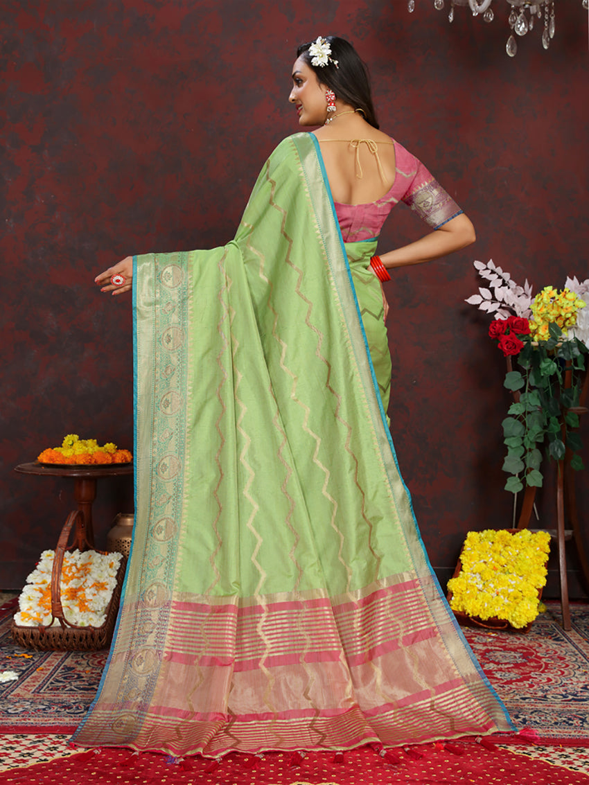 Lorenvalley Fashion Green Soft Katan Silk Woven Design Zari Weaving Pallu Saree - Swadesiicart
