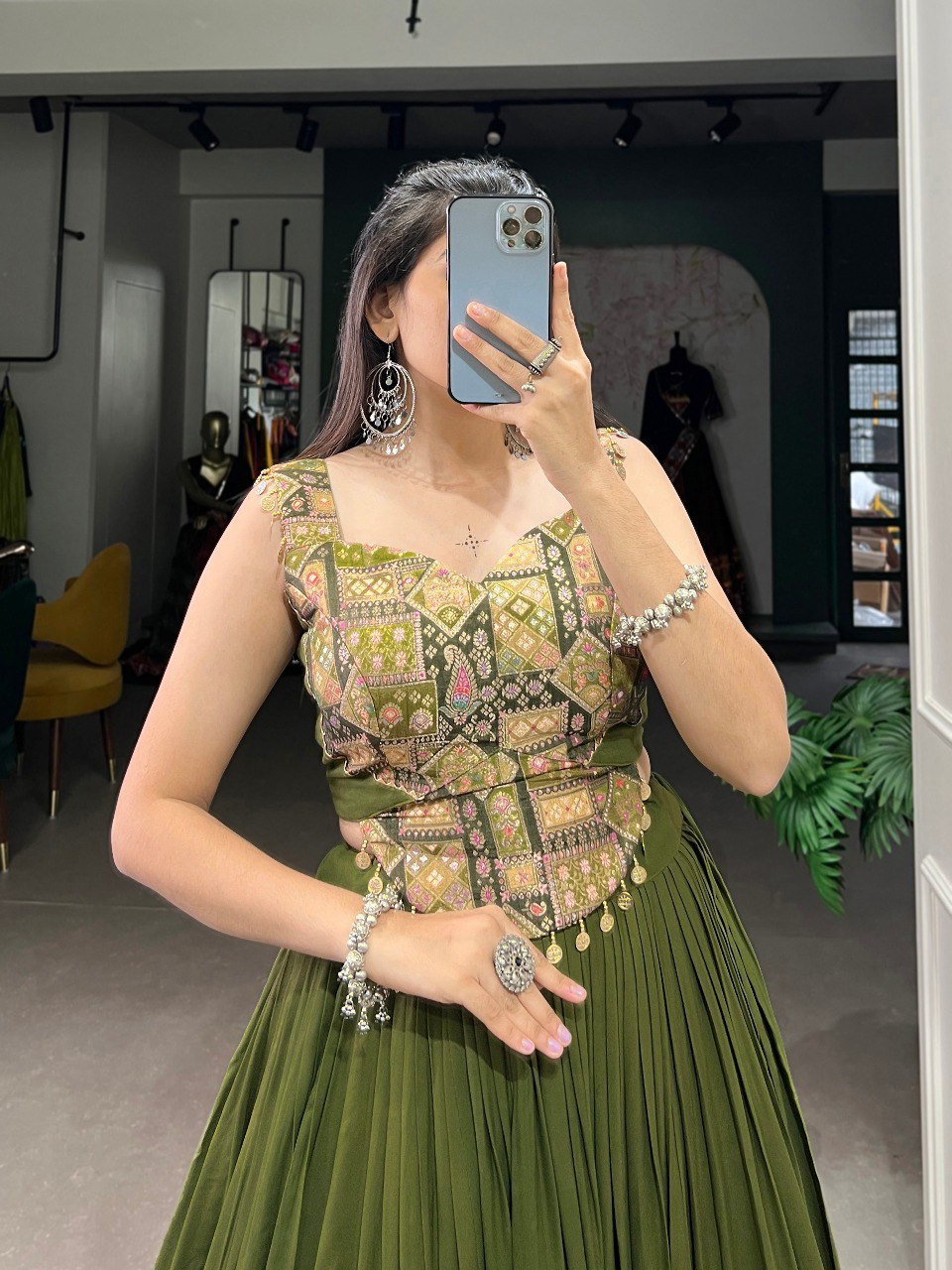 Lorenvalley Green Pure Rayon Plain With Embossed Design Lace Touch Up Lehenga Choli | Swadesiicart