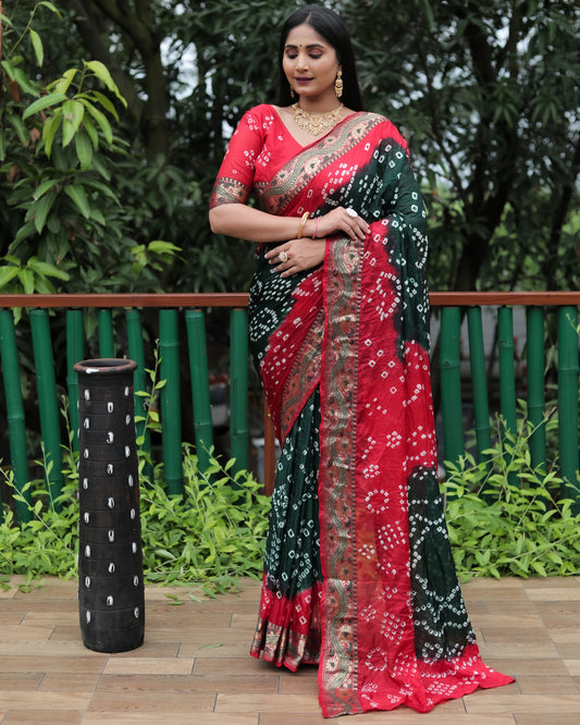 Lorenvalley Premium Pure Bandhej Tapeta Soft light weight silk saree with zari weaving Border - Multicolor - Swadesiicart
