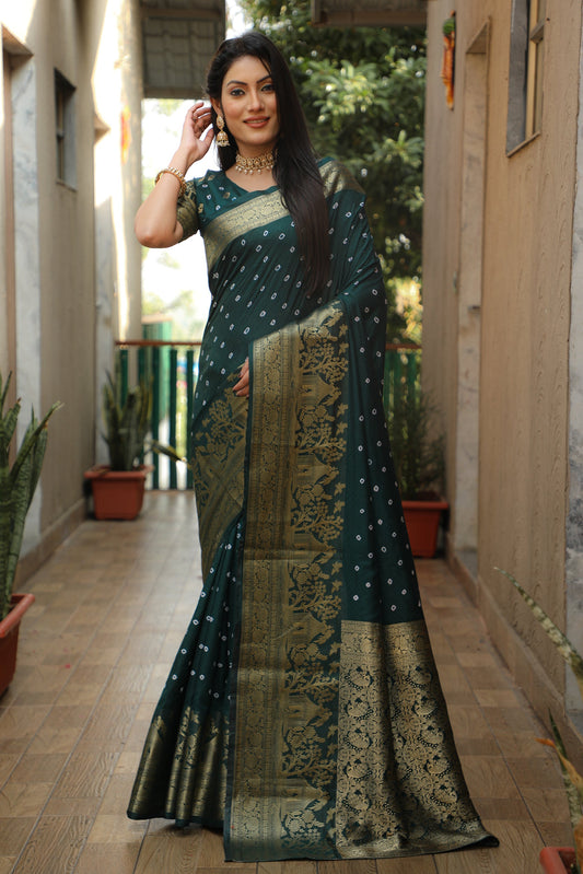 Lorenvalley Premium Pure Handmade Bandhej Kanjivaram silk saree with Zari Weaving Rich Pallu saree - Green - Swadesiicart