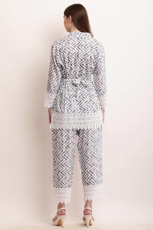 PAVONINE Grey Color Zig-Zag Printed with Lace Inserted Cord Set For Women - Swadesiicart