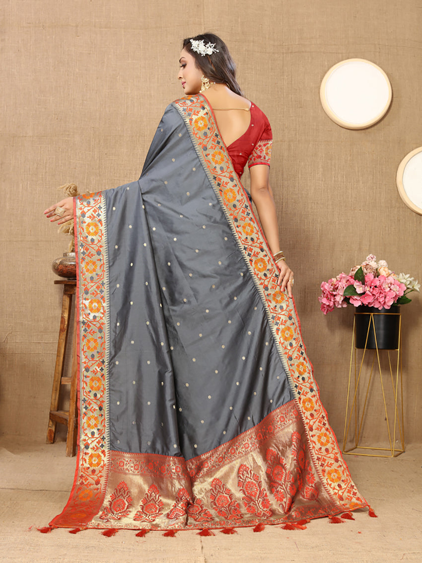 Lorenvalley Fashion Grey Soft Paithani Silk Woven Design Rich Meenakari Zari Weaving Pallu Saree - Swadesiicart
