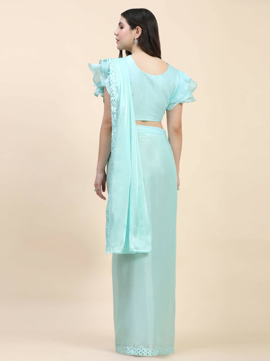 Light Blue Silk Satin Sequence Work Ready to Wear Saree with stitched Blouse - Nirvana | Swadesiicart