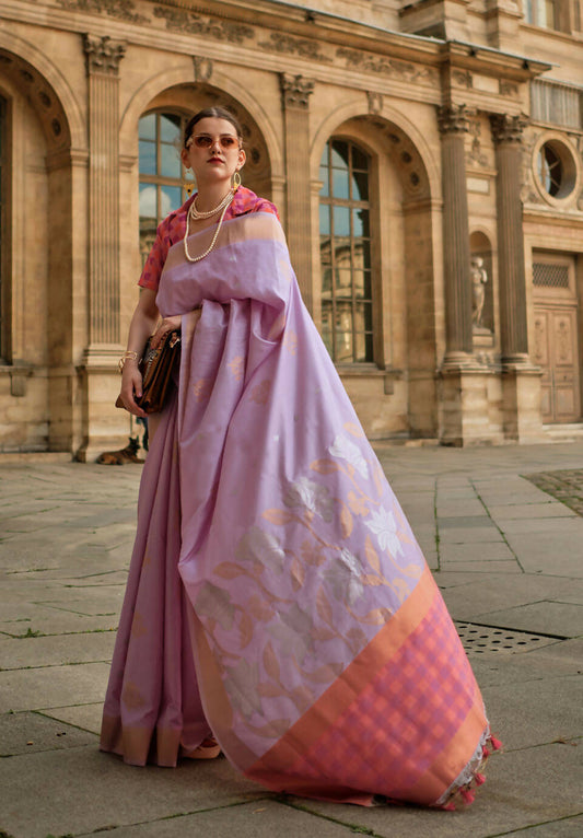 Crocus Purple & Peachsoft Handloom Sik Zari & Thread Work, Contrast Pallu Saree - Rajtex Kube Silk - Swadesiicart
