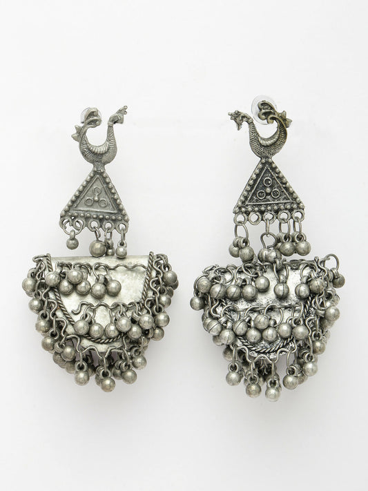NVR Women's Silver-Plated Oxidised Contemporary Drop Earrings | Swadesiicart