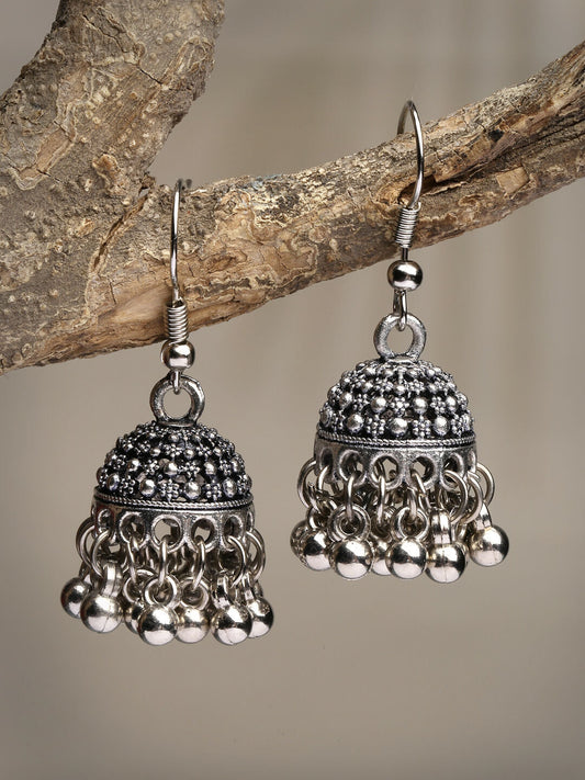 NVR Women's Silver-Toned German Silver Oxidised Dome Shaped Jhumka Earrings