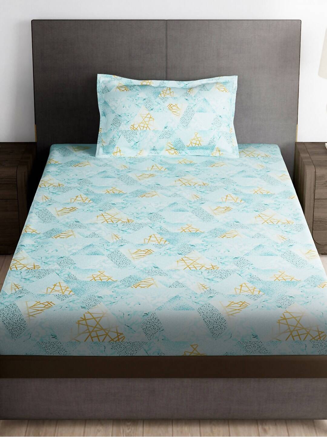 Story@home Arena Blue & Gold-Toned Printed 180 TC Bedsheet & Pillow Covers - Swadesiicart