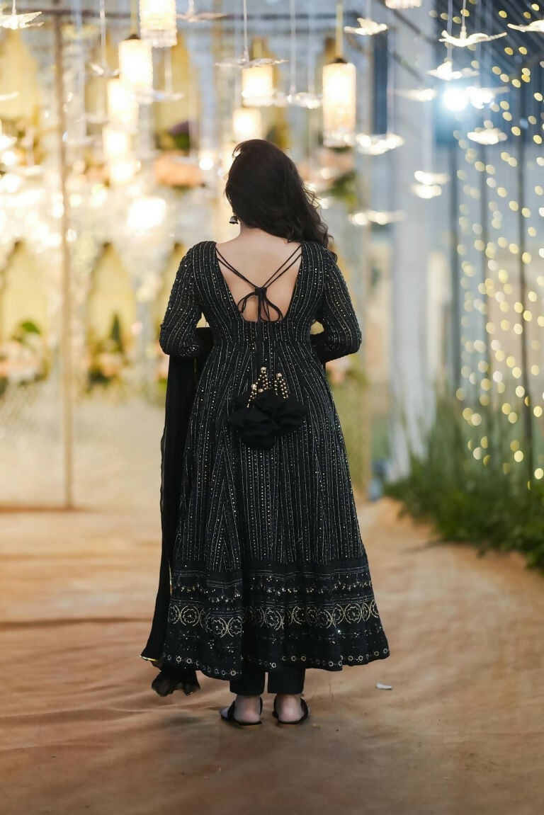 Jyoti Fashion Women's Black Faux Georgette Zari Embroidery with Sequence Anarkali Dress with Dupatta | Swadesiicart