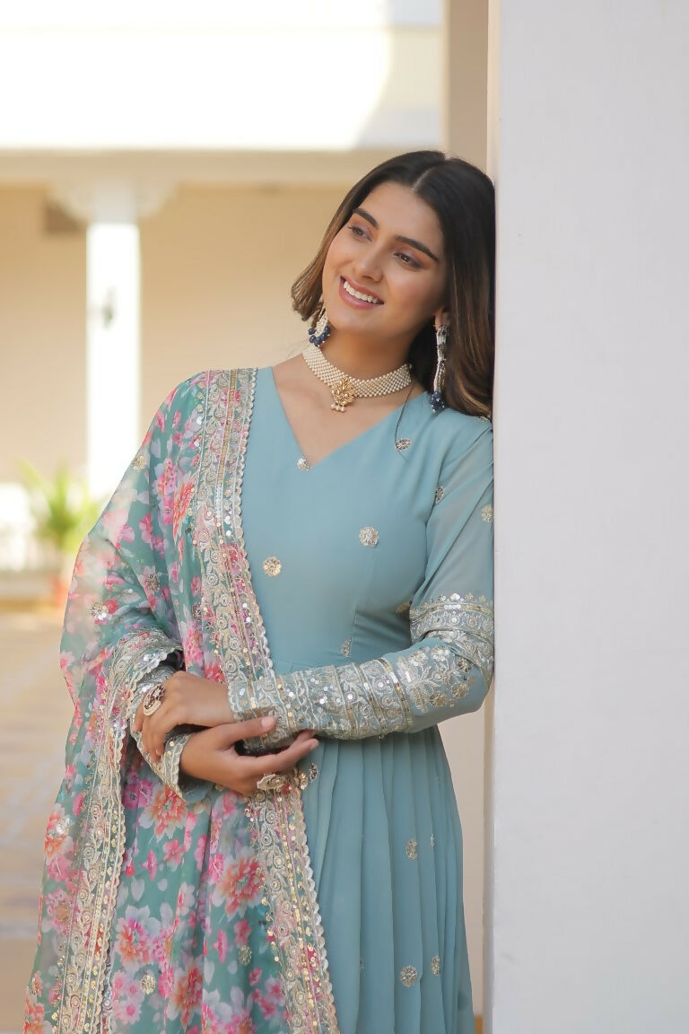 Jyoti Fashion Women's Sky Blue Faux Georgette Sequins Zari Embroideredy Anarkali Dress with Dupatta