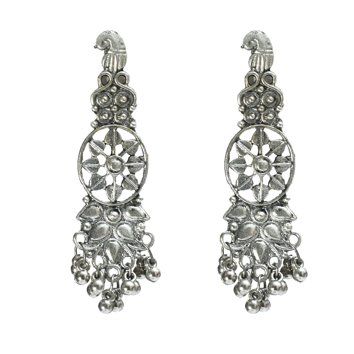 Mominos Fashion Johar Kamal Oxidised Silver-Plated Brass Finish Temple Jewellery with Earrings For Women