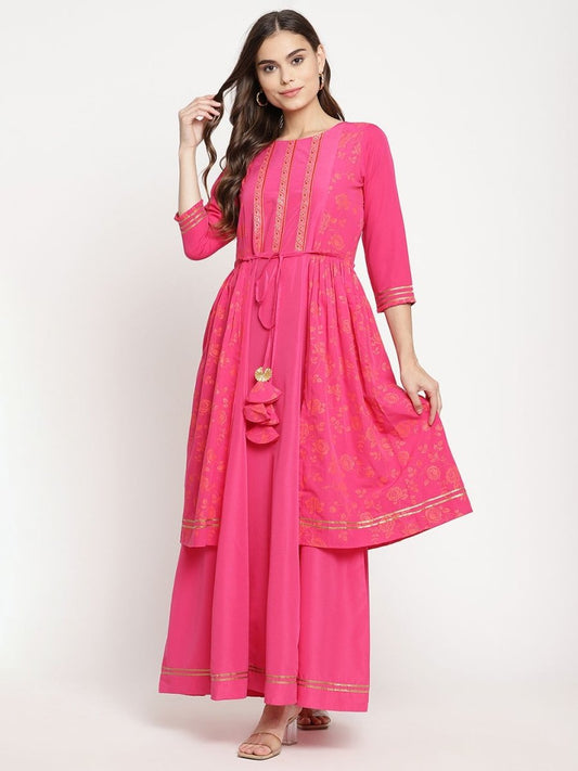 Ahalyaa Dark Pink Crepe Khari Print Dress For Women | Swadesiicart