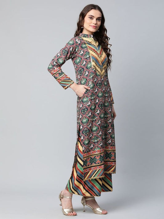 Ahalyaa Women's Multi Colour Crepe Digital Patola Printed Kurta Palazzo Set With Dupatta | Swadesiicart