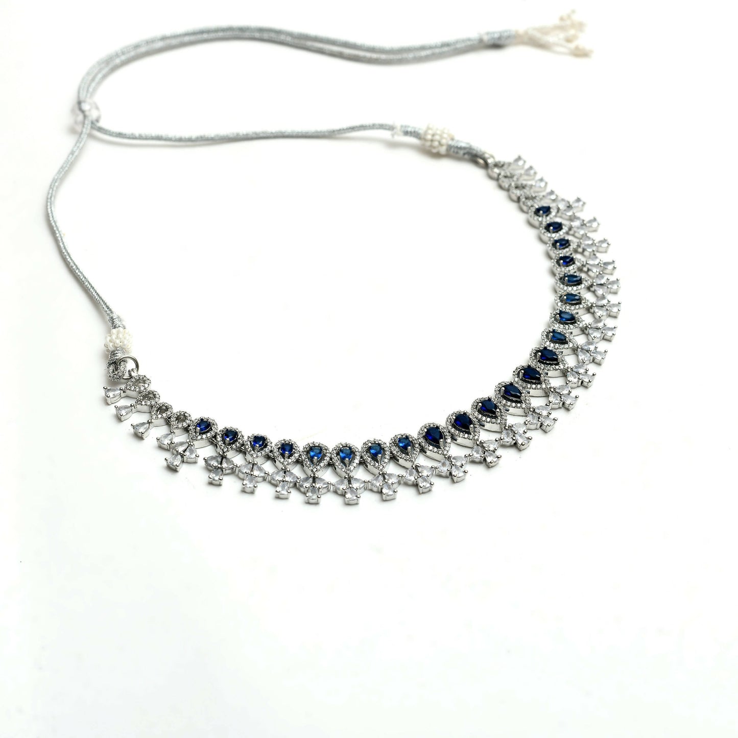 Mominos Fashion Johar Kamal Silver-Plated American Diamond Silver Blue Choker Set | Swadesiicart