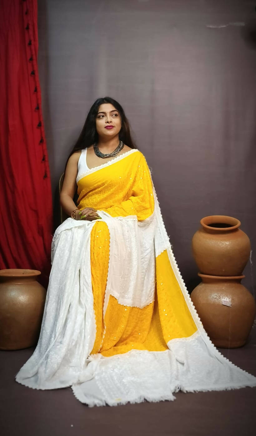 Exclusive Collection Chikankari Sequence Saree - White & Yellow - Swadesiicart