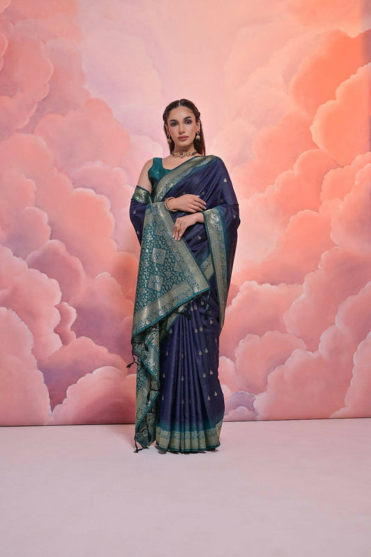 Vishnu Weaves Women's Navy-Blue Soft Silk Zari Woven Saree with Blouse - Swadesiicart