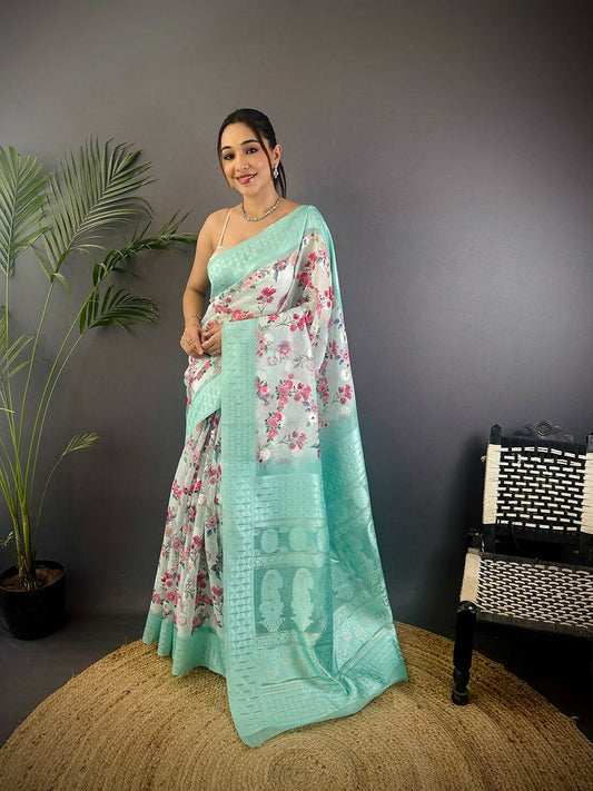 Joban Fashion Cyan Blue Floral Motifs Banarasi Silk Sarees | Swadesiicart
