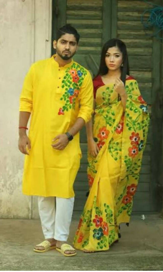Exclusive Collection Elegant Hand Printing Designe On Pure Cotton Swadesiicart And Men's Kurta - Yellow